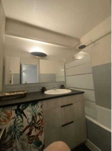 une salle de bain avec un lavabo et un miroir dans l'établissement Face à la plage, climatisation, WiFi, parking, tout à pied, idéal vacances, à Six-Fours-les-Plages