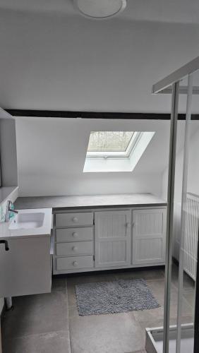 a bathroom with a sink and a skylight at Casa Kakelbos in Rotselaar