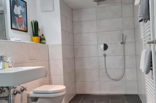a bathroom with a shower and a toilet and a sink at Studio - Charmant, Gemütlich & Zentral in Landsberg am Lech