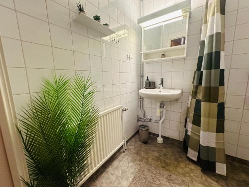 La salle de bains est pourvue d'un lavabo et d'une plante. dans l'établissement Pensionat Prinshöjden - Town, à Katrineholm