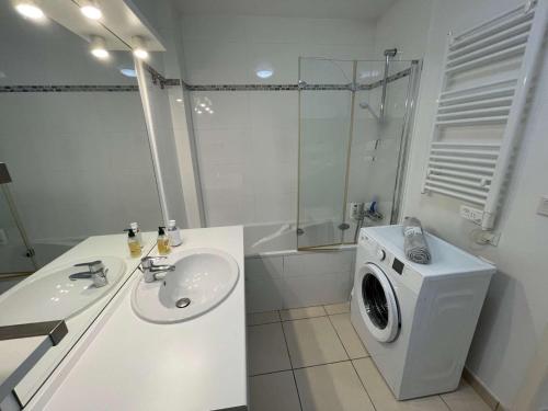 une salle de bain avec un lavabo et une machine à laver dans l'établissement Locations de vacances à Six-fours avec piscine et parking privé et à 800m de la plage, à Six-Fours-les-Plages