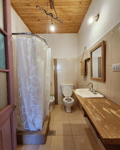 a bathroom with a toilet and a shower and a sink at Casa Feito Tafi in Tafí del Valle