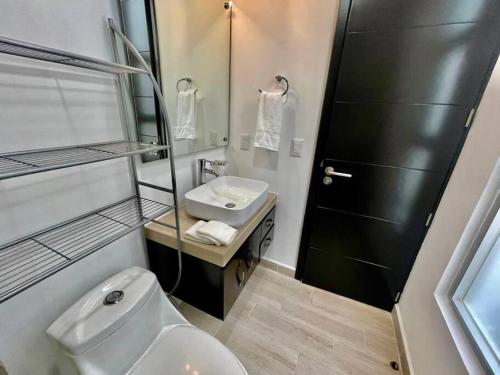 a bathroom with a toilet and a sink and a shower at La casa de los colibríes in Hacienda Blanca