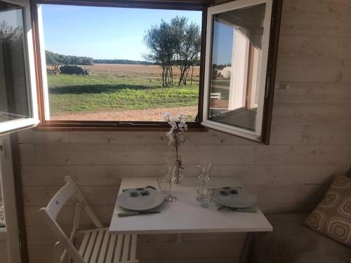 einen Tisch in einem winzigen Haus mit Fenster in der Unterkunft Tiny house à la ferme près Paris et center parcs. in Boissy-sur-Damville
