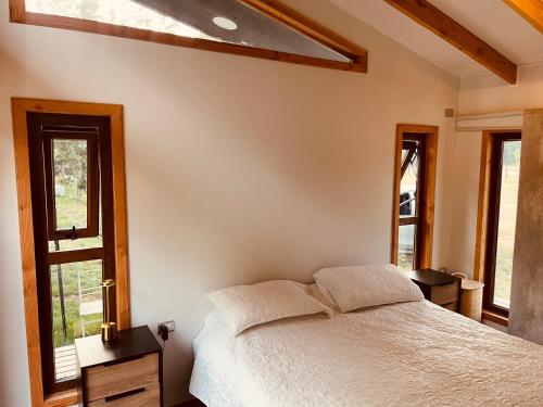a bedroom with a bed and two windows at Casa en el bosque-tinaja in Puerto Octay