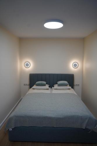a bedroom with a bed with two pillows on it at Studio Anna in Panevėžys