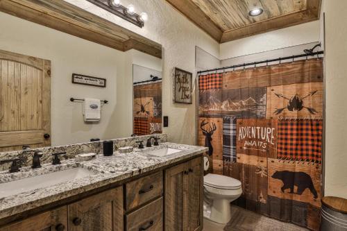 a bathroom with a sink and a toilet and a shower at French Kisses in Ellijay