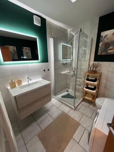 uma casa de banho com um lavatório e um chuveiro em Apartment Traumfänger em Wilhelmshaven