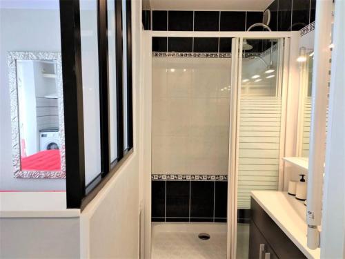 La salle de bains est pourvue d'une douche à l'italienne à côté d'un miroir. dans l'établissement Studio 411, Héliopolis AB au village naturiste, au Cap d'Agde