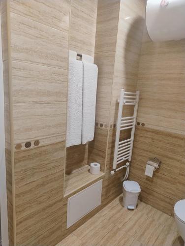 a small bathroom with a toilet and a sink at Студиа за гости СЛАВЯНИ in Yambol