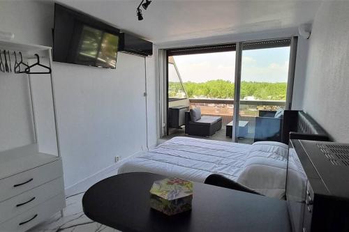 une chambre avec un lit et une grande fenêtre dans l'établissement Studio 43, Héliopolis L au village naturiste, au Cap d'Agde