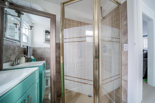 a bathroom with a shower and a sink at Jamestown Lake House with Boat Dock Access and Views! in Jamestown