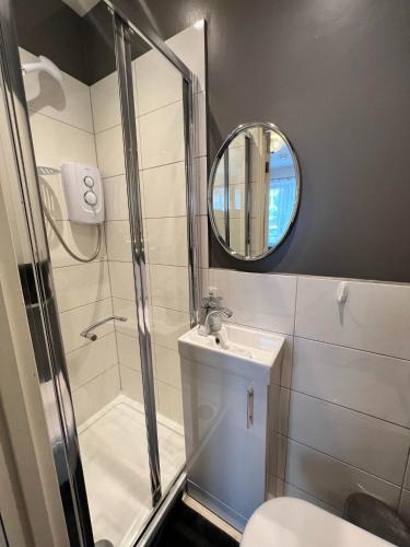 a bathroom with a shower and a toilet and a mirror at Cosy Studio Flat in Hither Green