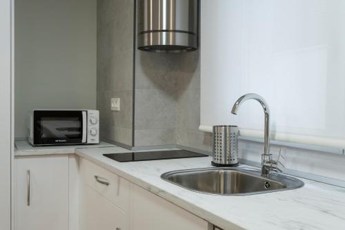 a kitchen with a sink and a microwave at Alda Palencia Catedral in Palencia