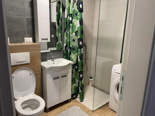 uma casa de banho com um WC e uma cortina de chuveiro em Ilić dvosoban apartman em Ub