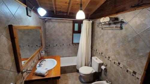 a bathroom with a sink and a toilet and a mirror at Estancia Laguna Vitel in Chascomús