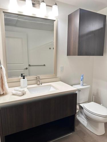 bagno con lavandino, servizi igienici e specchio di Cozy Studio Sunset FREE parking and WIFI a Los Angeles
