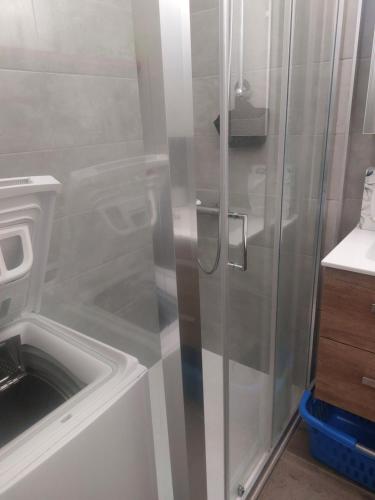 una doccia con porta in vetro in bagno di Appartement en résidence proche du plan d'eau a Embrun