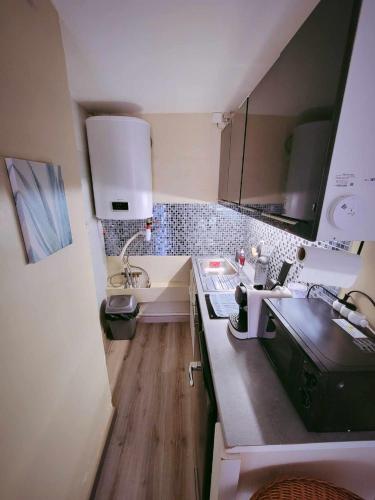 a small kitchen with a sink and a counter at Studio 1 piece vacances proche de la mer in Le Grau-du-Roi