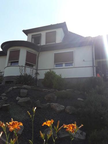 una casa blanca con flores delante en Haus am Vogelsang, en Hannoversch Münden