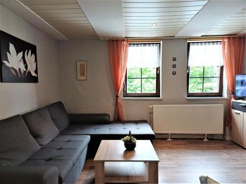 een woonkamer met een bank en een tafel bij Pension Altes Haus in Hannoversch Münden