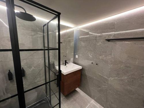 a bathroom with a sink and a glass shower at Flat in Thissio in Athens