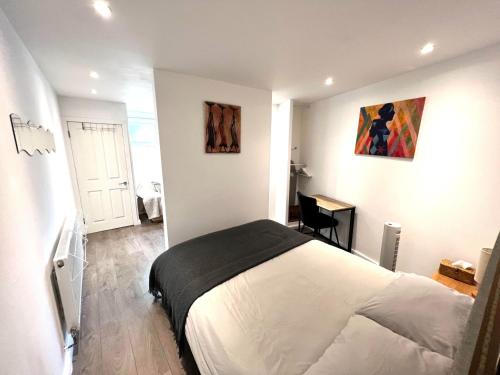 a bedroom with a bed and a desk in it at Modern Studio Apartment with Free Wifi in Hither Green