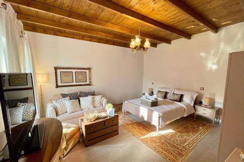 a living room with a bed and a couch at Casa Delicosta- 2 Flat Country house with garden, 15 min from Trikala in Tríkala