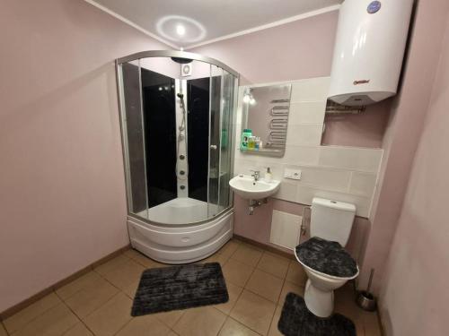 een badkamer met een douche, een toilet en een wastafel bij Apartamenti dzīvoklis Ogre. in Ogre