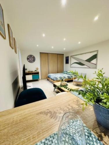 un salon avec une table et un canapé dans l'établissement Joli studio dans villa niçoise sur les collines, à Nice