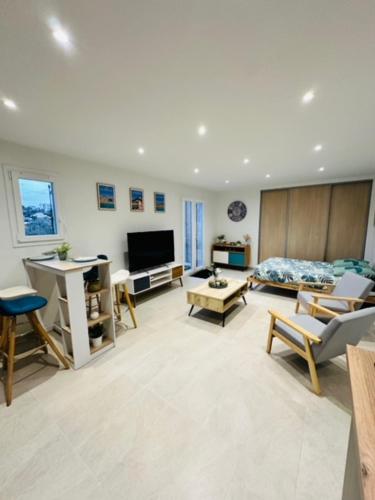 un salon avec un canapé et une télévision dans l'établissement Joli studio dans villa niçoise sur les collines, à Nice