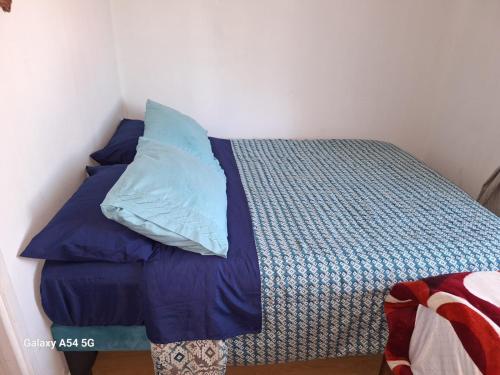 una cama con almohadas azules en una habitación en Familia Flores Sáez, en Parral