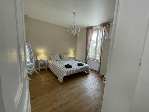 Schlafzimmer mit einem Bett und einem Kronleuchter in der Unterkunft Charmante maison 2 chambres avec cour et jardin in Sainte-Savine