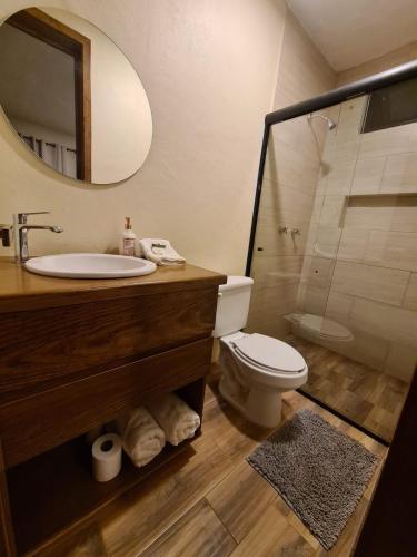uma casa de banho com um lavatório, um WC e um espelho. em NIDAL CABAÑAS BOUTIQUE em La Manzanilla de la Paz