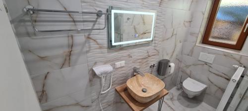 a bathroom with a sink and a toilet at aNNa s Cozy Home with Private Forest, Canopy Terrace & Parking, near Red Bull Ring in Sankt Michael in Obersteiermark