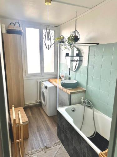 une salle de bain avec baignoire et machine à laver dans l'établissement Tropicale chic, à La Mulatière