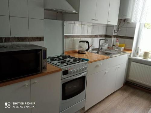 a kitchen with a stove and a microwave at Apartament w Willi Lemoniada in Ustka