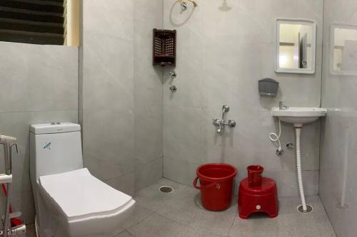 La petite salle de bains est pourvue de toilettes et d'un lavabo. dans l'établissement Bangalore Cozy Homestay Near IKEA & BIEC, à Bangalore