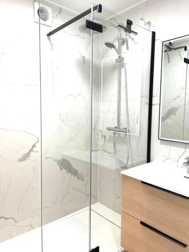 une salle de bain avec une douche en verre avec un lavabo dans l'établissement Superb flat with iconic Eiffel tower view, à Paris
