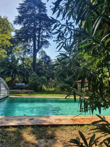 a pool with a wooden bridge in a garden at Le Relais de Bellemaison in Montfrin