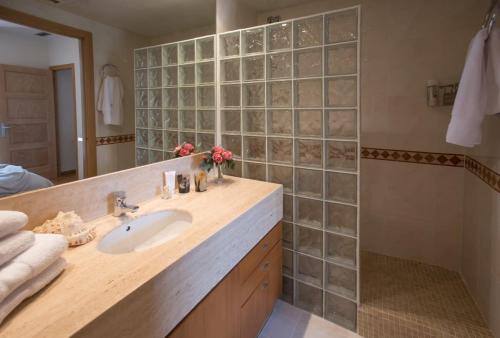 uma casa de banho com um lavatório e um chuveiro com um espelho. em Elegant 3-bedroom Apartment in the Heart of BCN em Barcelona