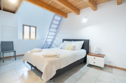 a bedroom with a large bed and a ladder at Le Relais de Bellemaison in Montfrin