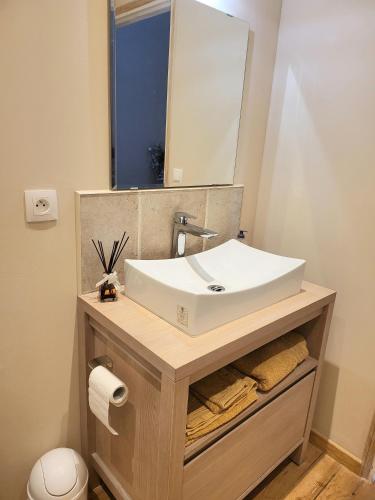 a bathroom with a white sink and a mirror at Maison rénovée typique, au calme, piscine. in La Courtète