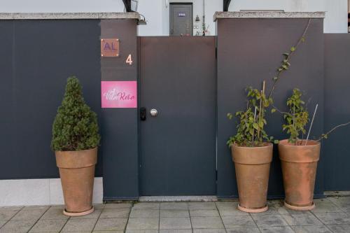 three potted plants sitting in front of a door at Casa Vila Rosa in Peso da Régua