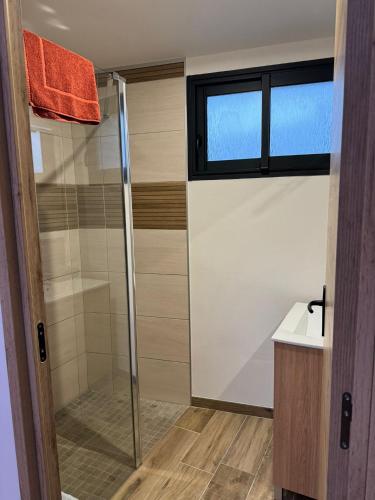 une salle de bain avec douche et porte vitrée dans l'établissement le chalet d Alex, à Étretat