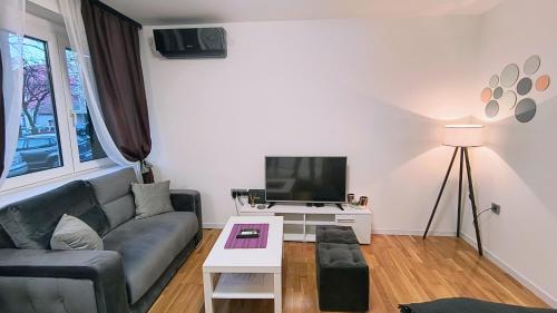 a living room with a couch and a tv at TALIJA in Vračar (historical)