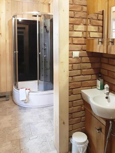 a bathroom with a shower and a toilet and a sink at Grenlanda in Ulanów