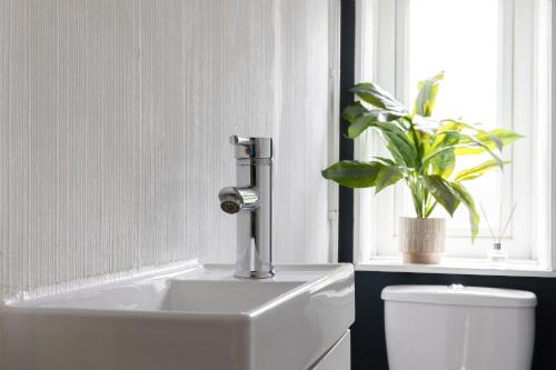 La salle de bains est pourvue de toilettes et d'une plante dans la fenêtre. dans l'établissement Stylish & Spacious 3bed in Putney, à Londres