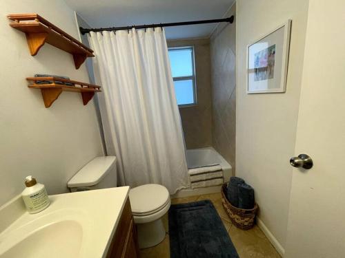 baño con lavabo y aseo y ventana en Renovated Cozy Apartment in Naples (1.4 miles from the beach) en Naples
