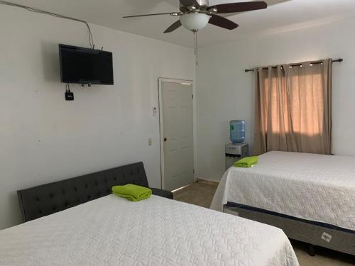 um quarto com 2 camas e uma televisão de ecrã plano em Complejo Deportivo Wilson Palacios em La Ceiba